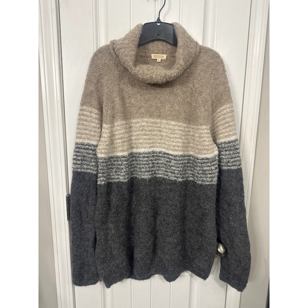 Novica Alpaca Blend Cowl Neck Colorblock Sweater Grey Tan XL Peru Boucle Knit